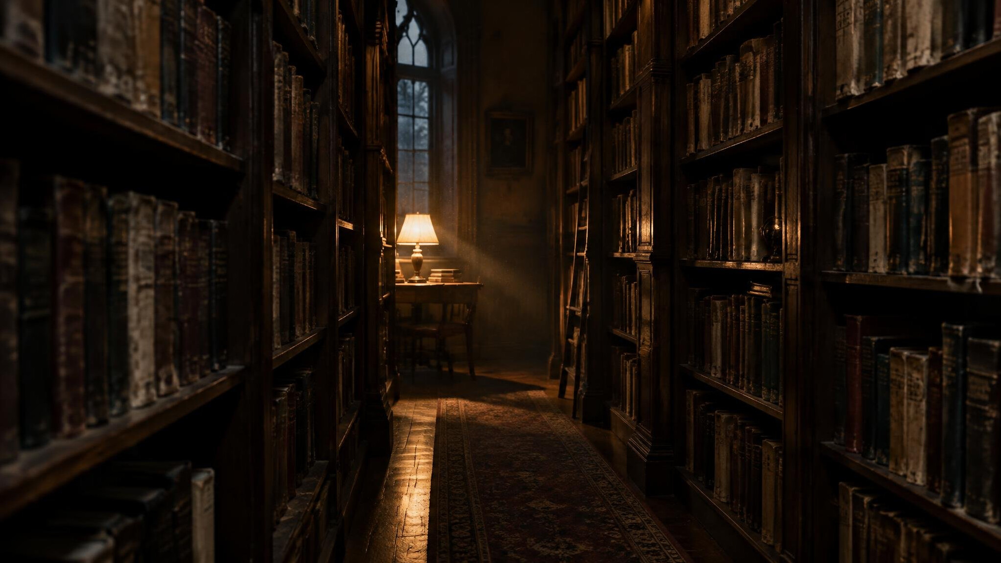 Dim old library with tall wooden bookshelves