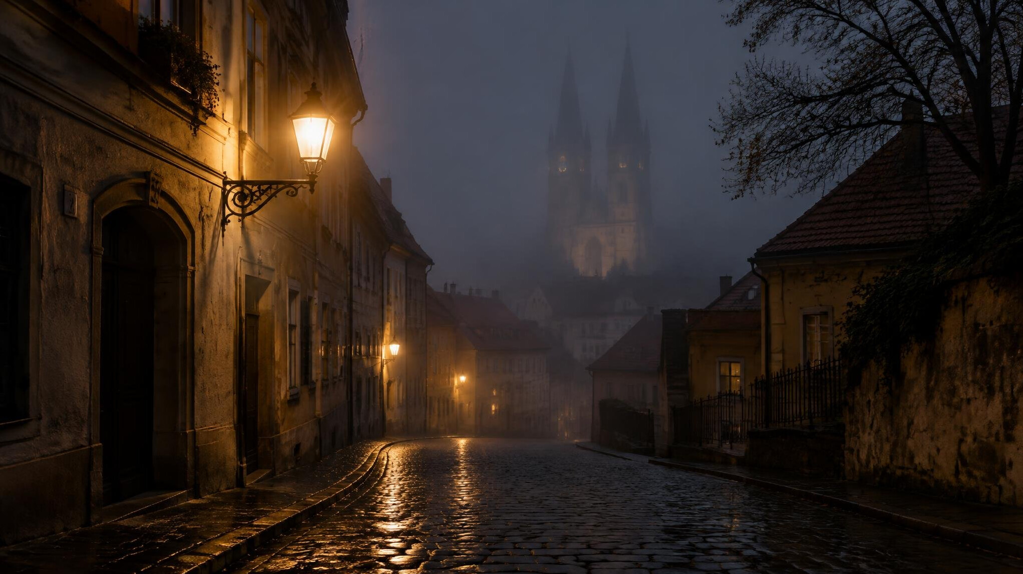 Foggy cobblestone street in the old town of Zagreb at night