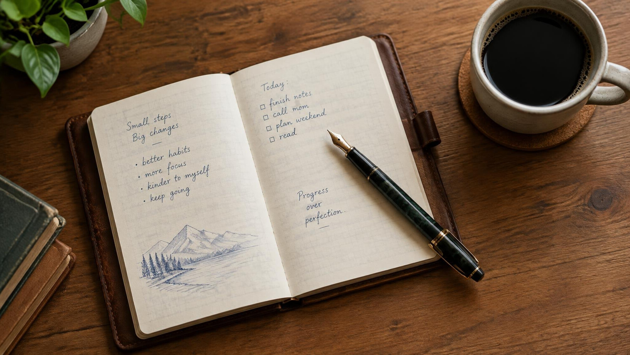 Open notebook with handwritten notes and a fountain pen