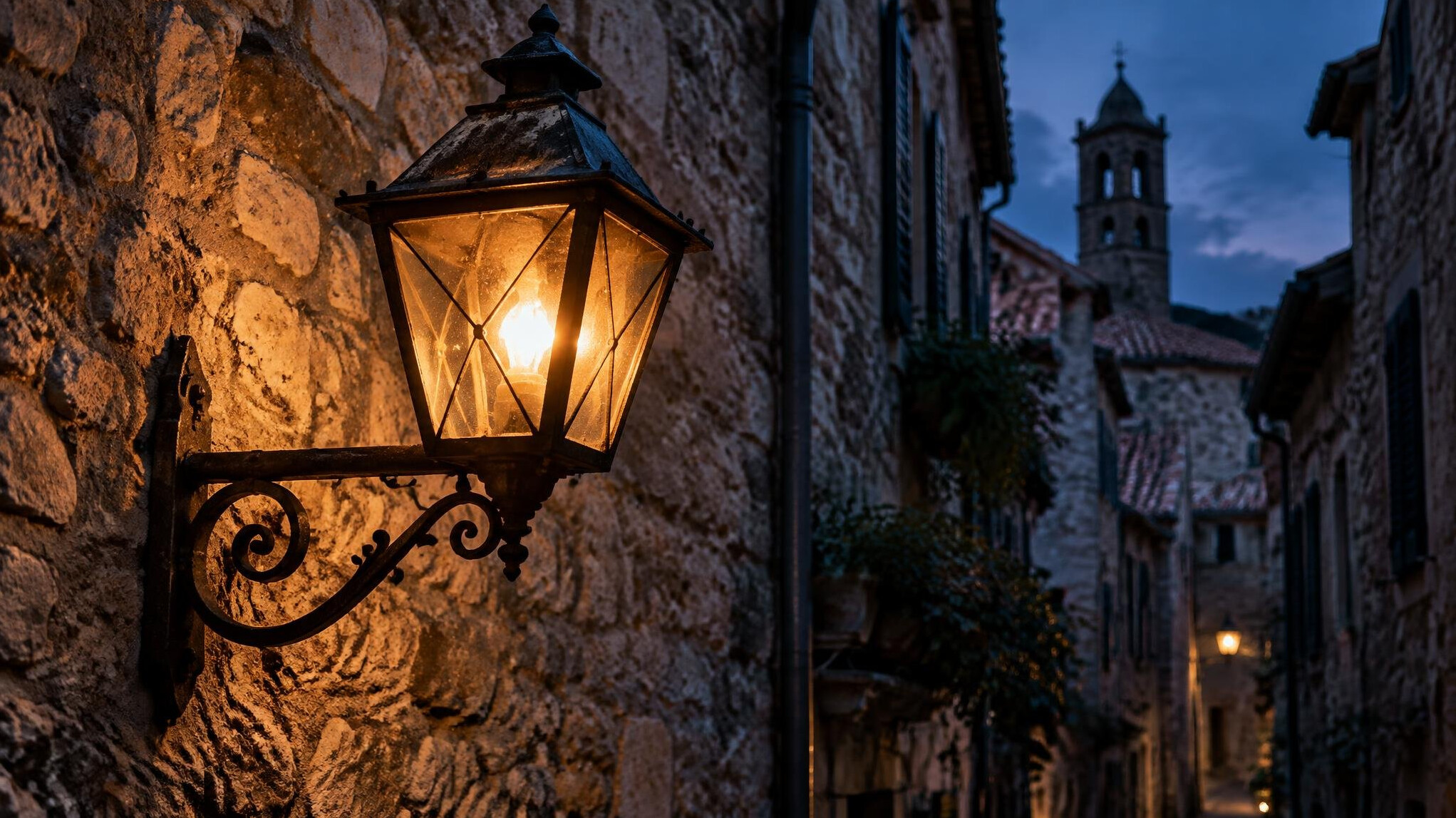 Old iron street lantern glowing in a stone alley