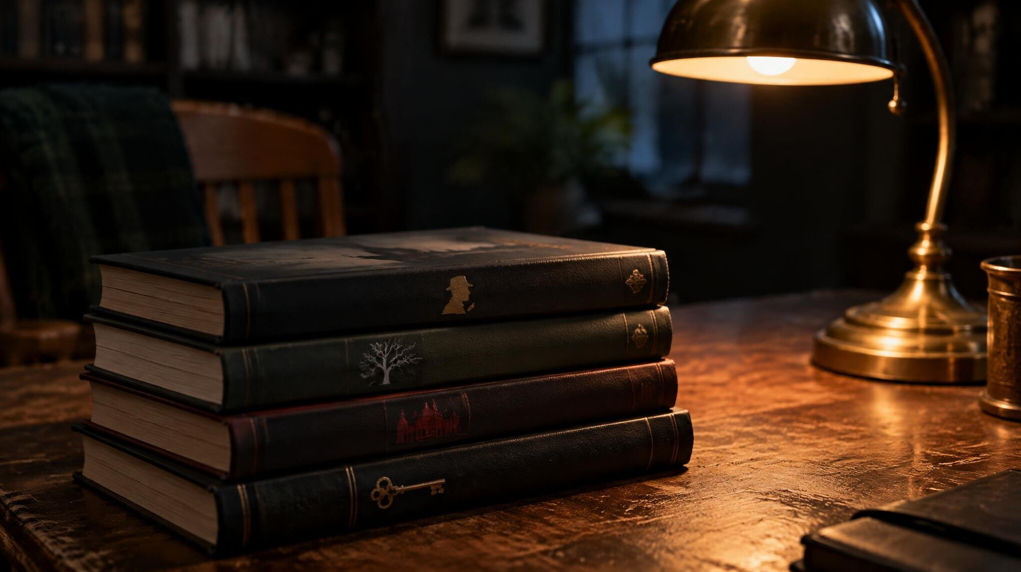 Stack of hardcover mystery novels on a dark table