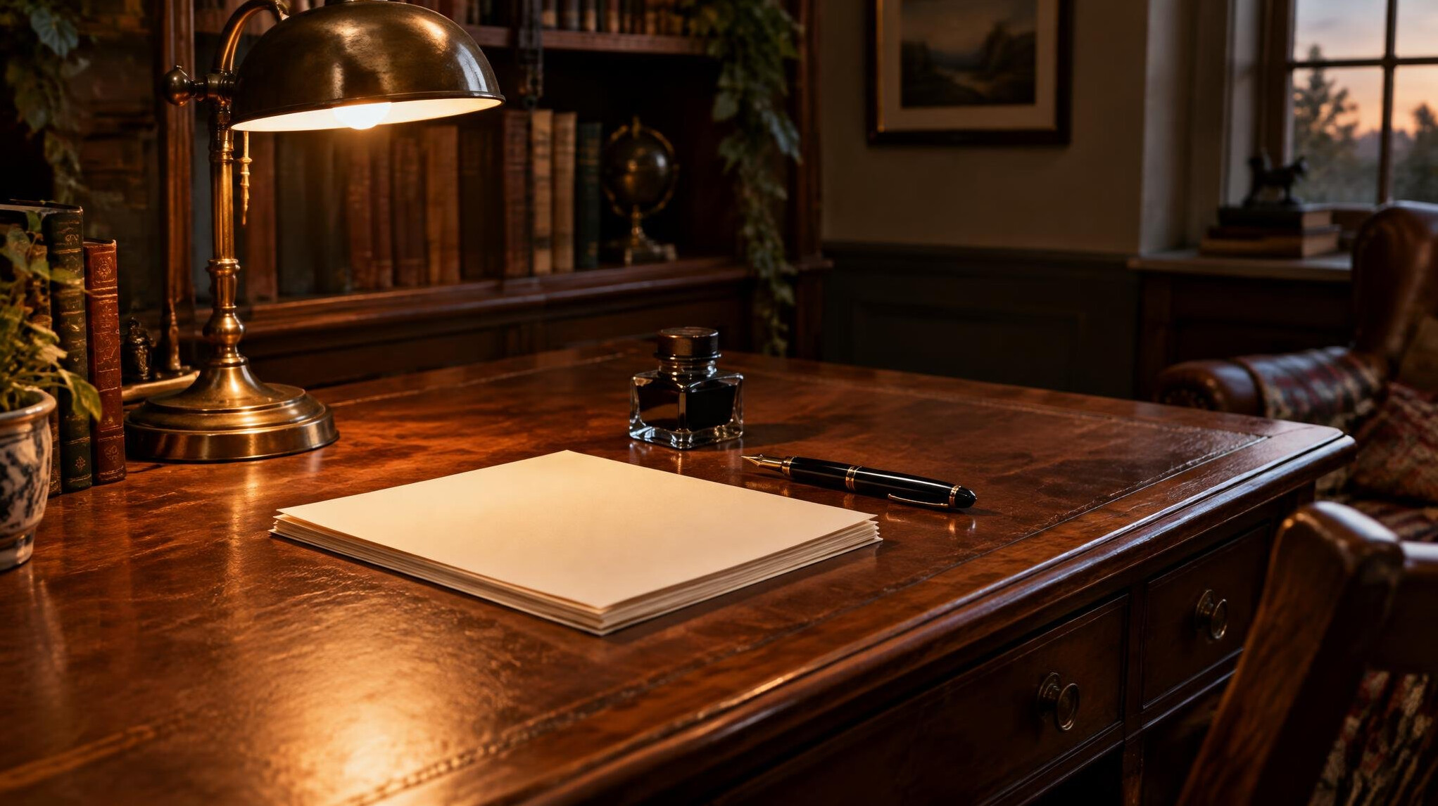 Vintage writing desk with a lit lamp and stack of paper