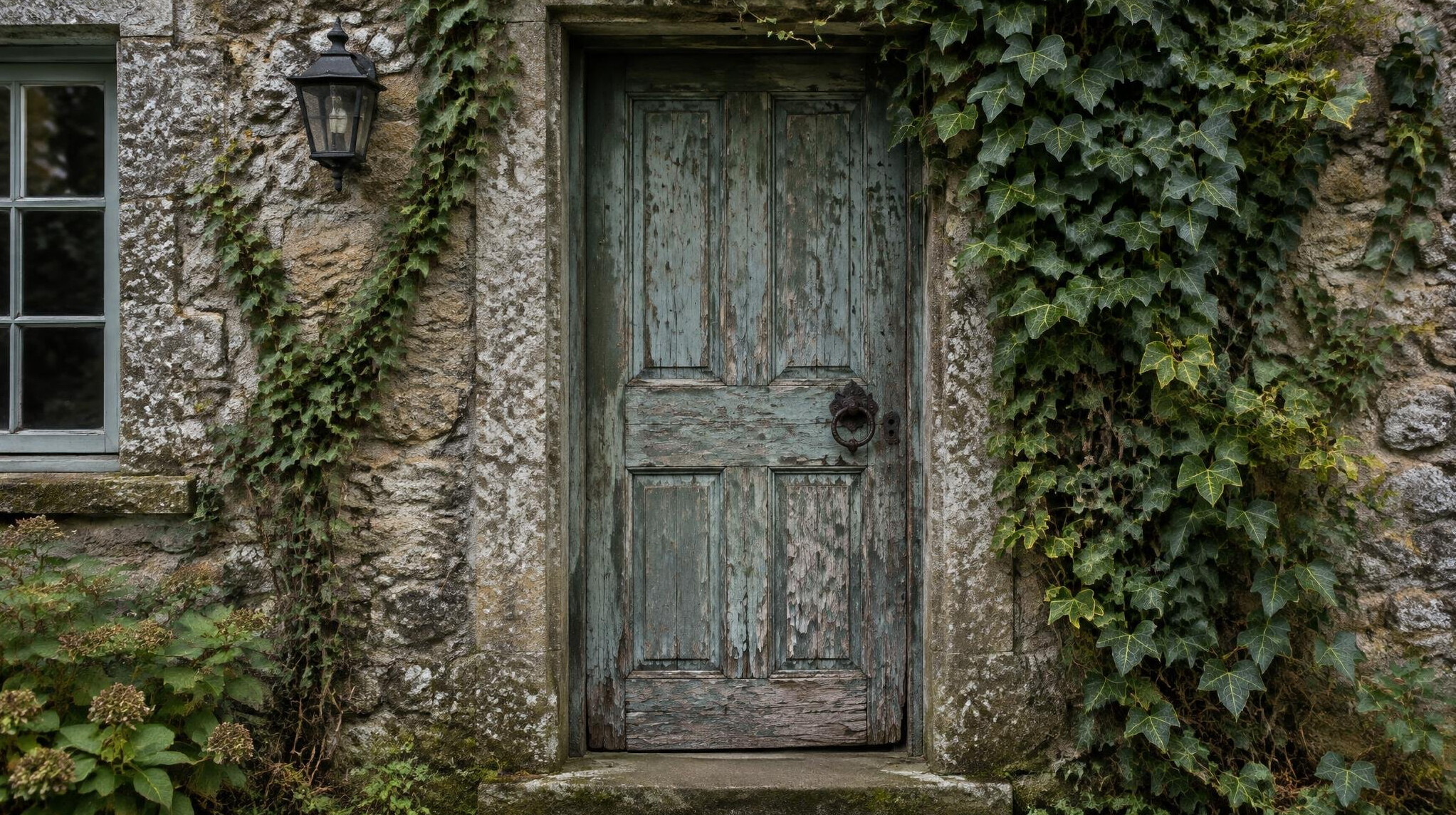 Old weathered wooden door in a stone building