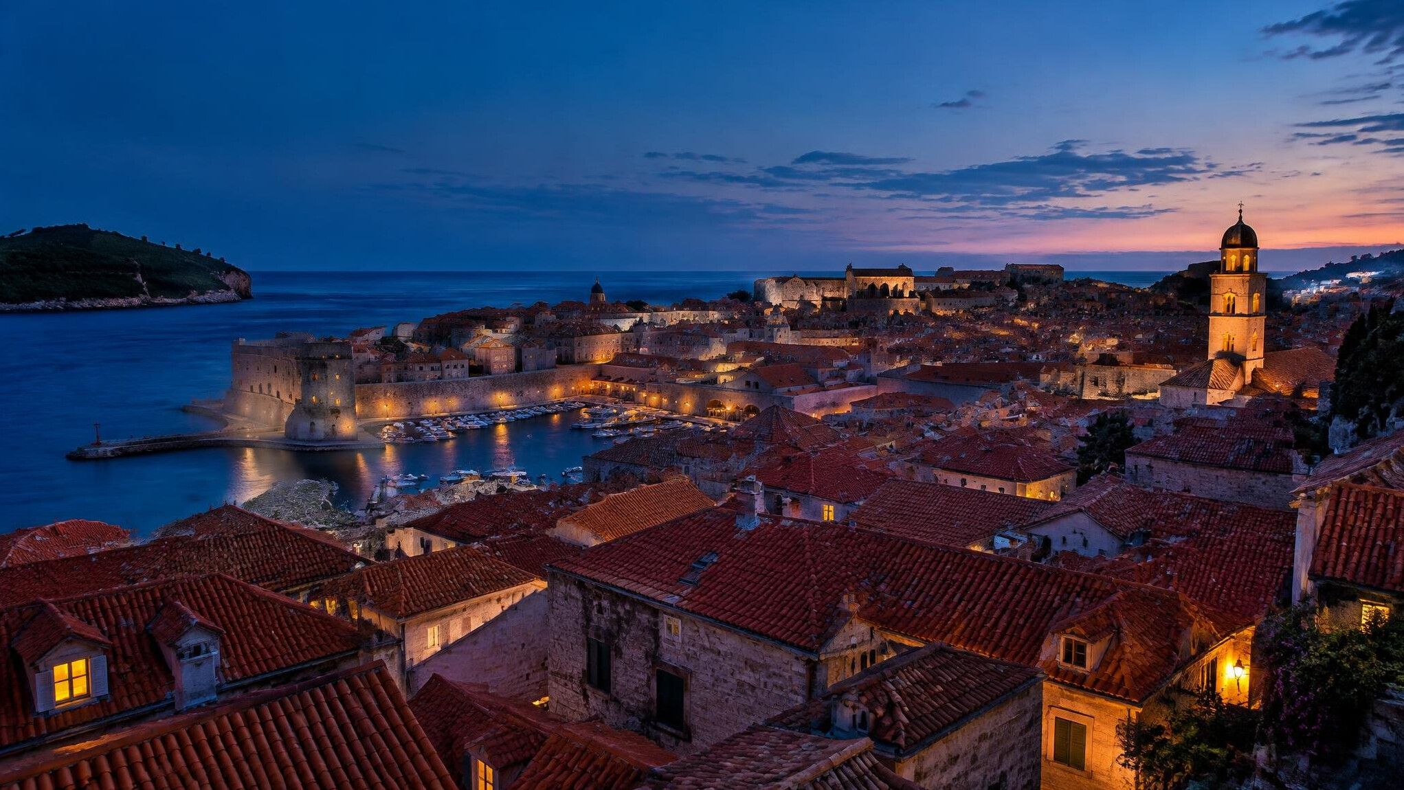 Rooftops of an old European town at dusk